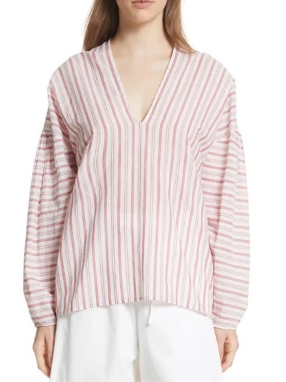 Striped V-Neck Long Sleeve Top in Pink and White